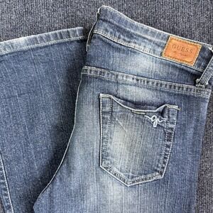 Guess Jeans Womens 28 Medium Wash Blue Straight Embroidered Distressed Denim